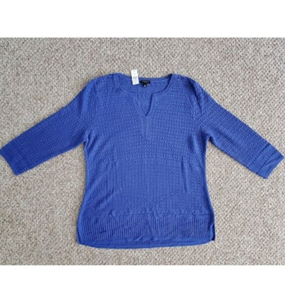 NWT Talbots 3/4 Sleeve Blue Split-Neck Open-Stitch Tunic Sweater - Size PL - Picture 6 of 7